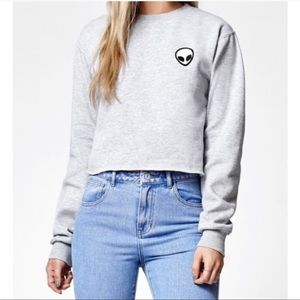 Brandy Melville John Galt Nancy Alien Patch Gray Raw Edge Cropped Sweatshirt